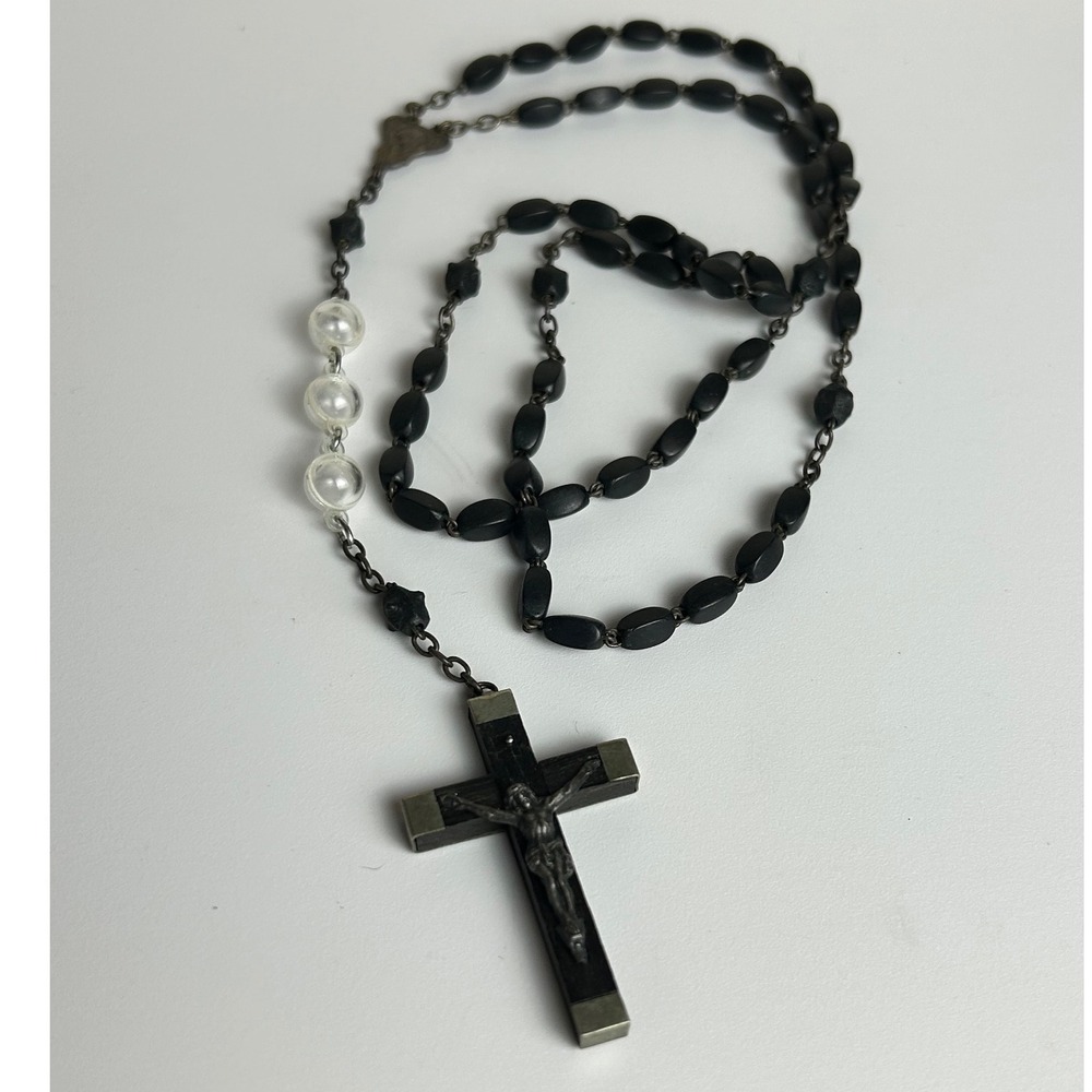 Black Wood Rosary Necklace Clear Beads Silver Tone Crucifix Vintage France